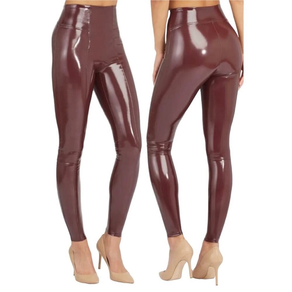 Spanx Womens Faux Patent Leather High Waist Burgundy Leggings Ruby M